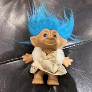Vintage Ace Novelty 4" Troll Doll Blue Hair Blue Jewel Gold Gown Party Dress
